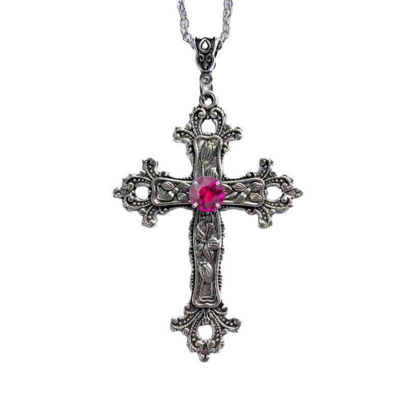 Gothic Cross Pendant Necklace With Flower Pattern Alloy Chain Jewelry For Party Wear
