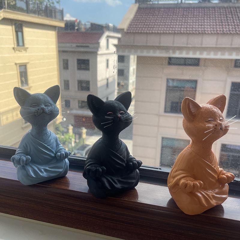 Meditation Cat Sculpture Home Decorations Resin Black Yoga Sitting Zen Cat Black Buddha Ornament Outdoor Garden Figurines