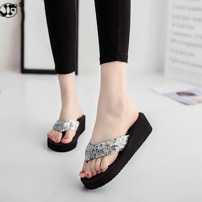 2024 Damen Sommer Pailletten Flip-Flops Frau Strand Böhmische Hausschuhe Damen Plateau Mittelhohe Absätze Schuhe sapato feminino 785kj