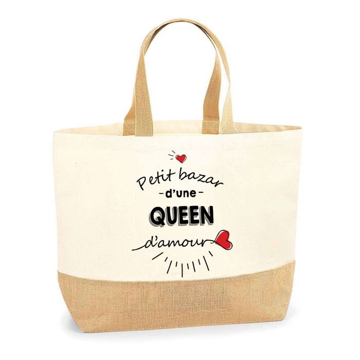 Cabas de plage - PLANETEE - Petit Bazar Queen d'Amour - Jute naturel - Porté épaule - Fabriqué en France