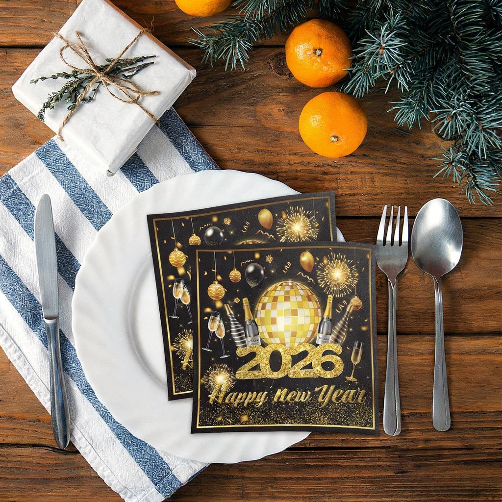 2026 New Year Party Napkins - Golden & Black Elegant Table Decor, Champagne Bottles & Balloons - Heavy-Duty 2-Ply Paper Napkins