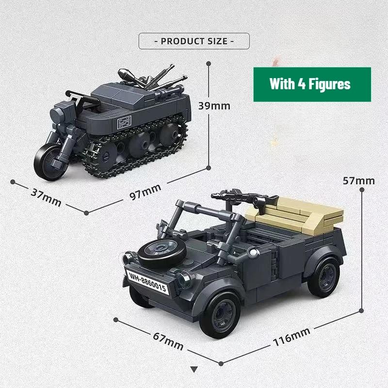 New World War II Military Tractor Light Tank Half-track Motorcycle Vehicle MOC Building Blocks Bricks DIY Assembly Kids Toys