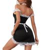 Disfraces de Criada para Mujer Conjunto de Lencería Sexy Vestido Color Sólido con Hombros Descubiertos+Delantal de Encaje+Gargantilla+Tanga Dama 4 Piezas Ropa Interior Erótica