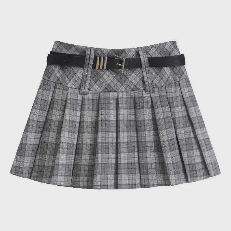 Gonna Midi Plissettata da Donna Autunnale Retro a Quadri a Vita Alta con Shorts Anti-Esposizione