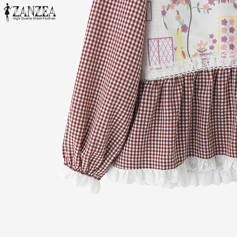ZANZEA Women Casual Patchwork Doll Collar Loose Long Sleeve Plaid Blouse
