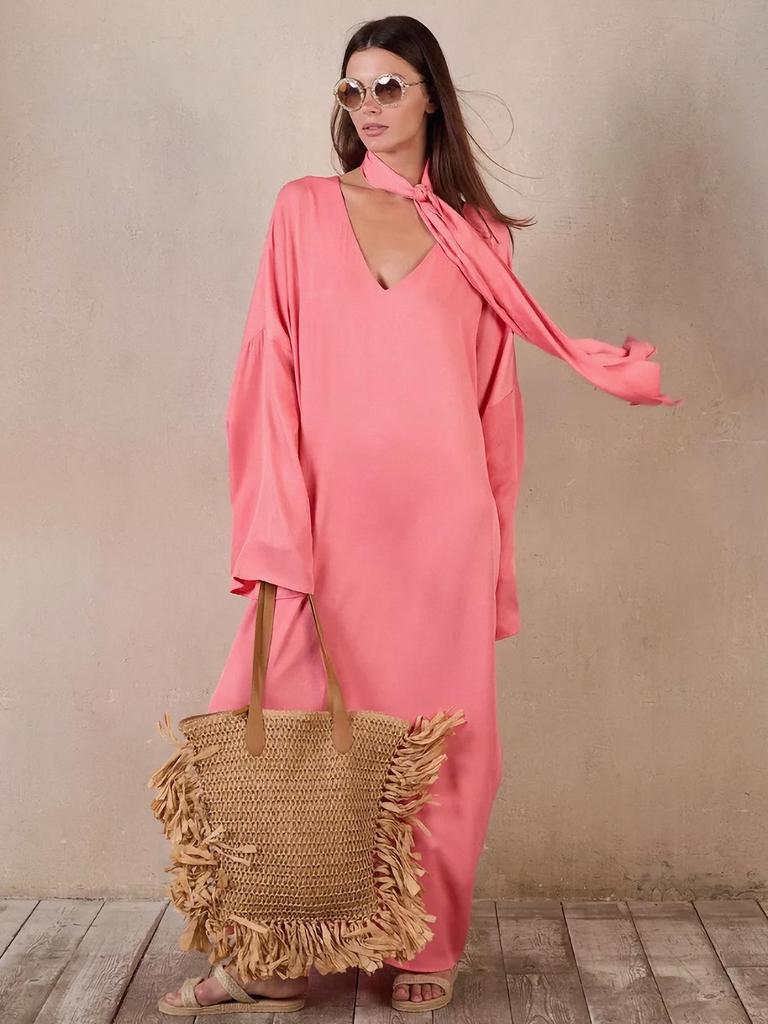 Satin V-Neck Casual Robe Dress - 2025 European & American Autumn Collection