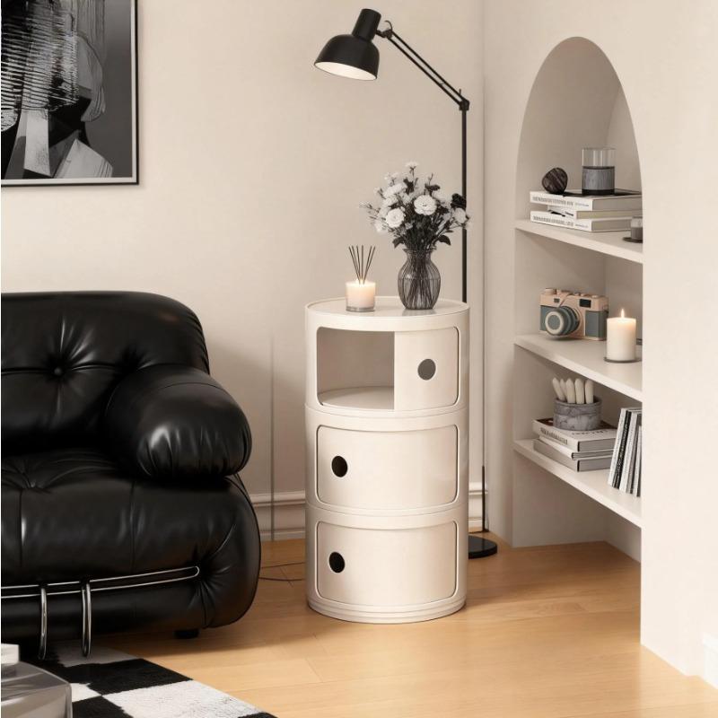 Modern White Plastic Circular Bedside Table - Creative Mini Storage Cabinet with Shelf, Simple & Space-Saving Nightstand