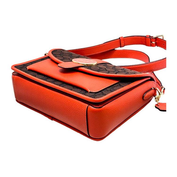 New COACH Lonnie Fabric With Cow Leather Small Square Bag Shoulder Bag, Crossbody Bag Medium Women's Brown & Orange Red C8307-IMUQ2