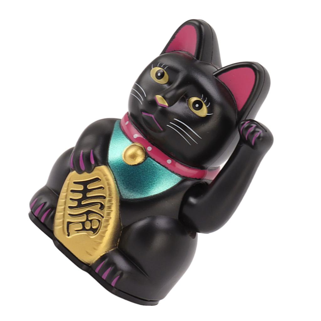 4 Inch Lucky Cat Decor Hand Waving Welcoming Cat for Home Desk Ornament Gift Giving Black