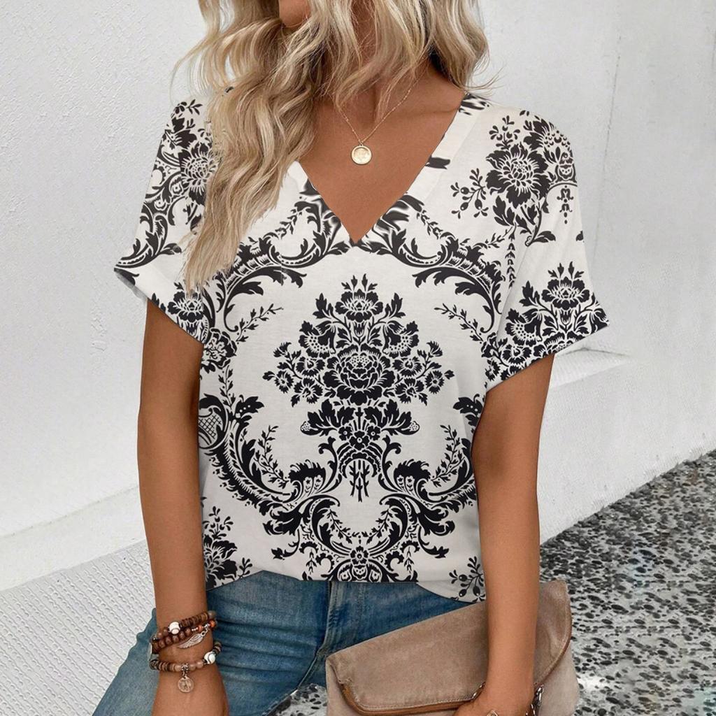 Modisches und einfaches, übergroßes, bequemes T-Shirt-Design für den Sommer, inspiriert vom geometrischen Muster, bedrucktes Damen-Oberteil mit V-Ausschnitt