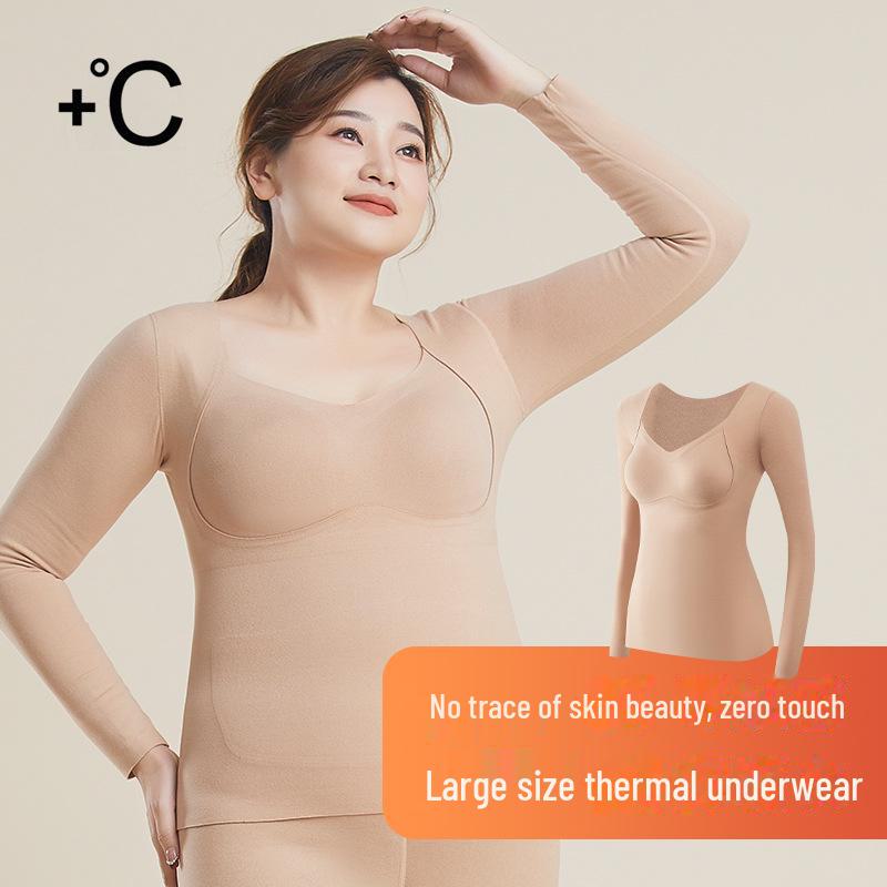 "8829 Plus Size Women's Wool Silk Velvet Thermal Underwear with Chest Pad - Long Sleeve Top"