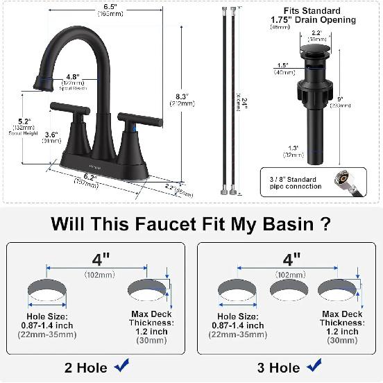 3 Hole Matte Black Bathroom Faucet with Pop-up Drain, 4 Inch Centerset, Stainless Steel Lead-Free for Sink Vanity