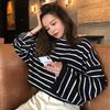 Black and White Color Block Striped Women's Casual Loose Long Sleeve T-shirt (2025 Korean Style)