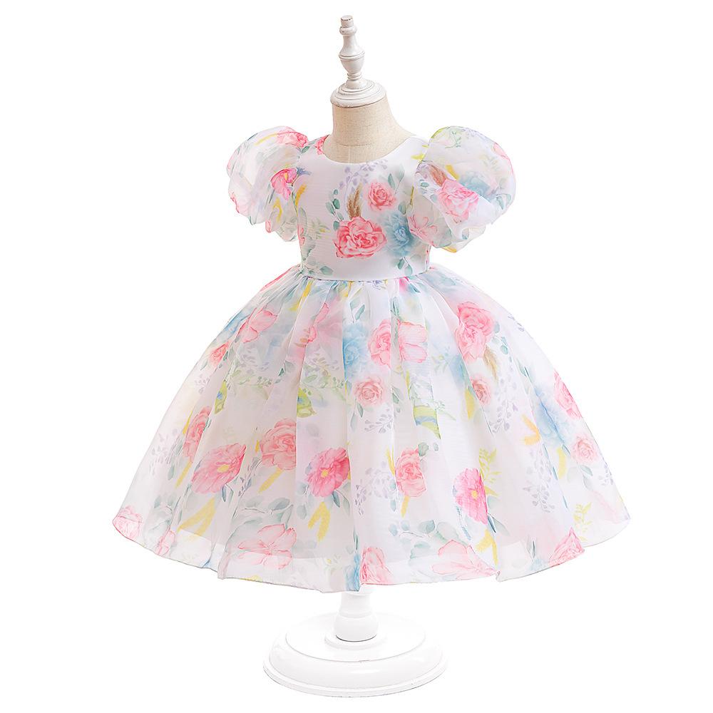 Girls' Dress  Puff Sleeve Princess Dress Children's Floral Dress Mesh Fluffy Dress