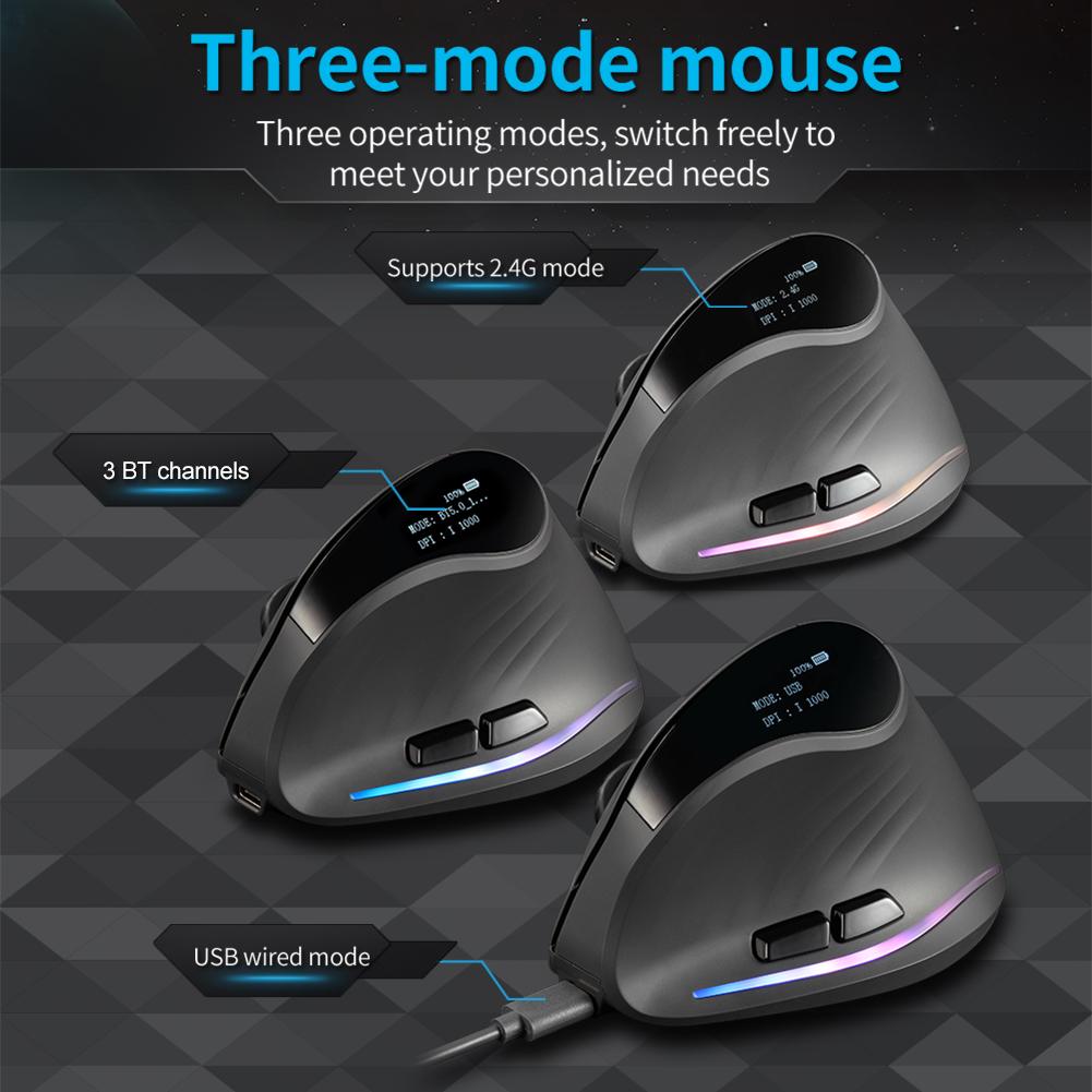 Vertical Wireless Mouse Adjustable DPI Ergonomic Mouse Rechargeable Tri-Mode BT+2.4GHz+Wired 7 Buttons for PC Laptop Mac