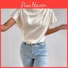 Pleated 2024 Womens Satin Tshirt Crossborder Hot Sale Round Neck Short Sleeve Left Shoulder Design