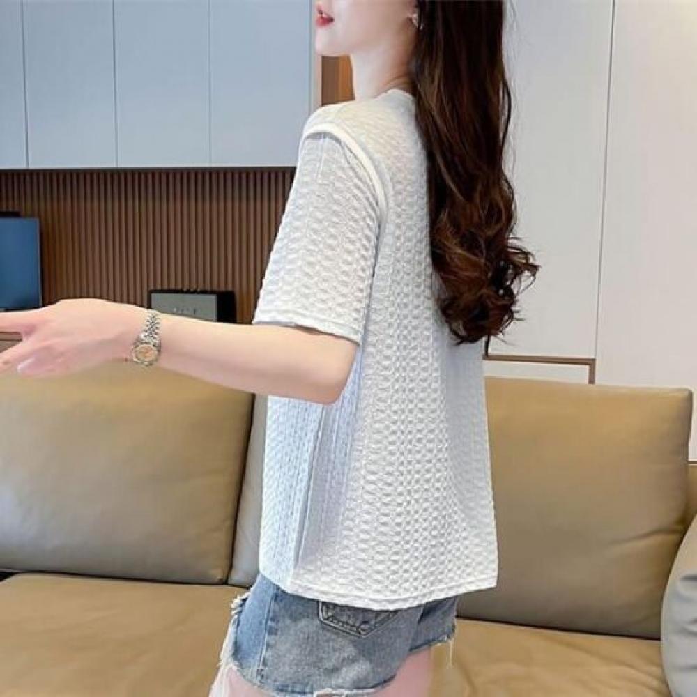 Navava Women Waffle TexTure Color Block Line ShorT Sleeve T shirT nT2579