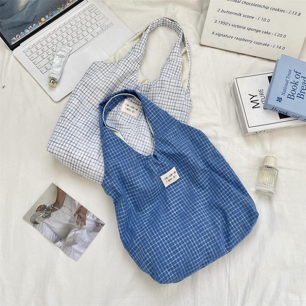 Retro Blue Grid Lazy Shoulder Shopping Bag Women Go Out Leisure Commuter Vest Bag Tote Bag