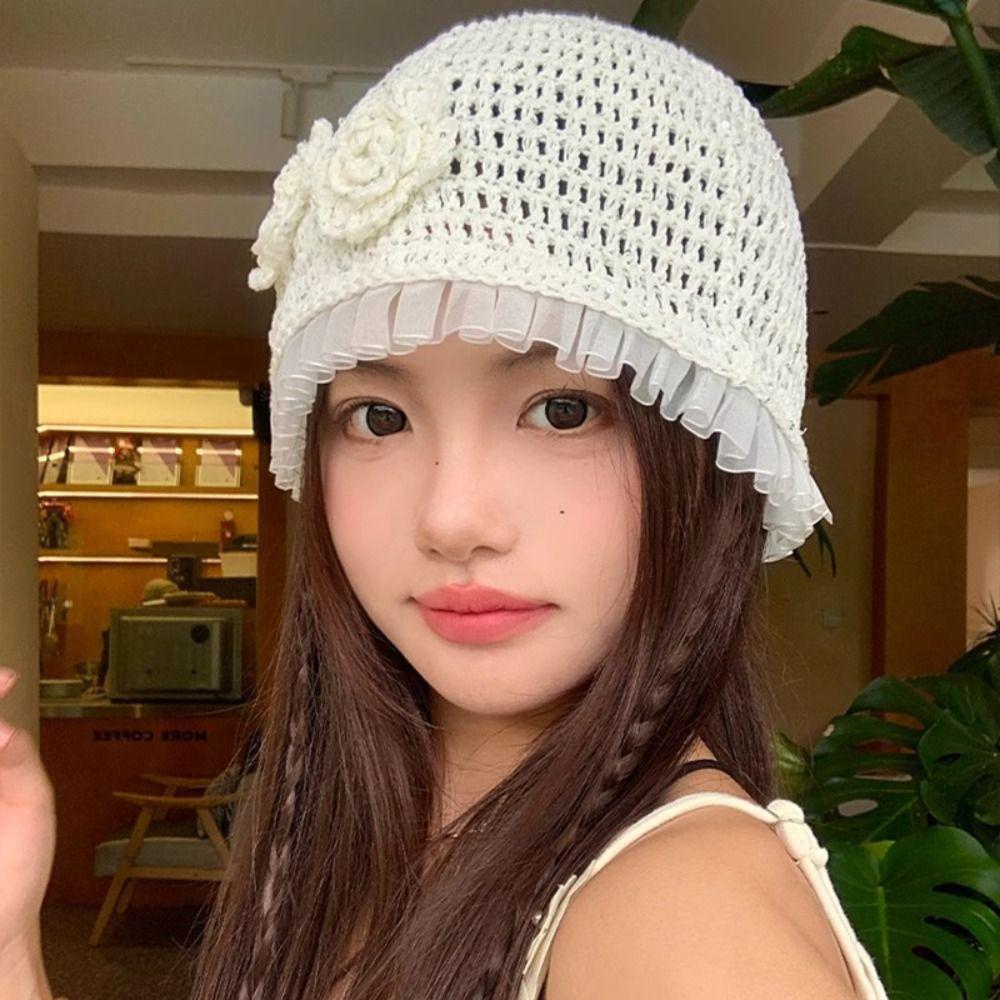 Hollow Out Lace Beanies Hat Handmade Weave Cap Cute Crochet Flower Hat  Girls