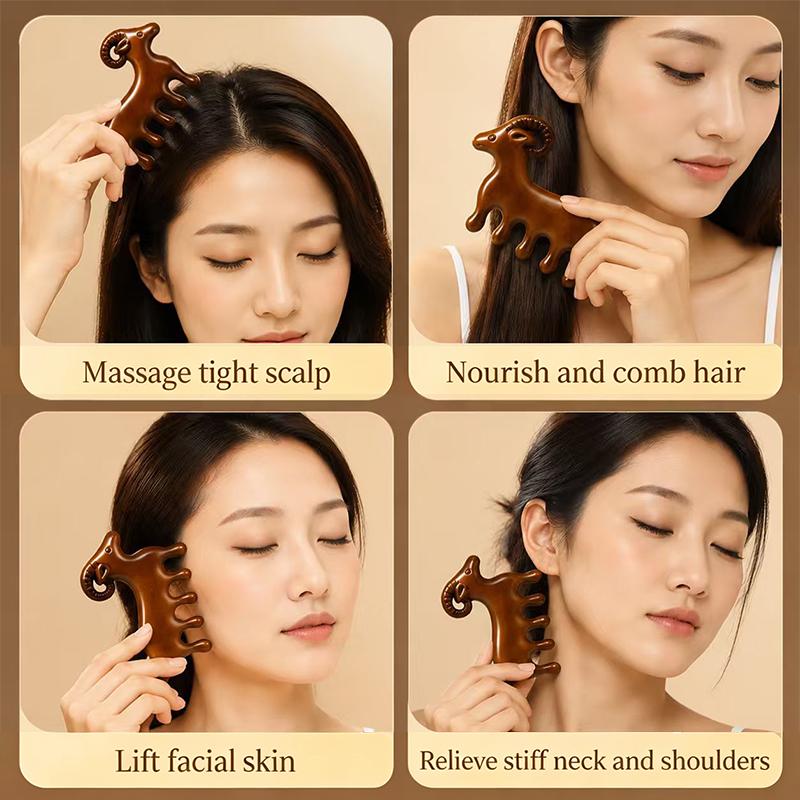 Sandalwood Goat Shaped Massage Comb Smooth Rounded Teeth Scalp Soothing For Daily Hair Care Home Relaxation