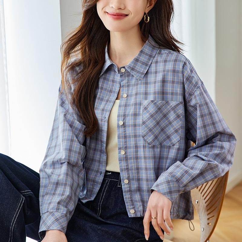Plaid Shirt for Women's Spring and Autumn Clothes New Short Small Style Literary Retro Plaid Shirt
