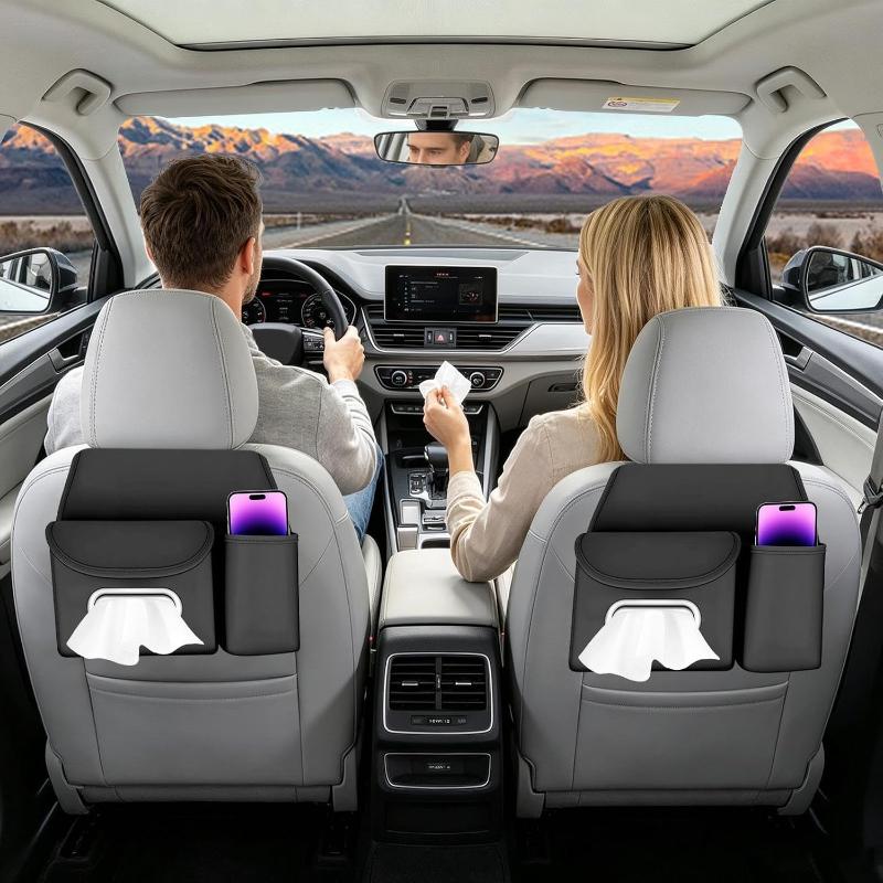 Pu Leather Car With Tissue Holder Cup Pocket Fits Road Trips Daily Commute Easy Install Keep Car Tidy