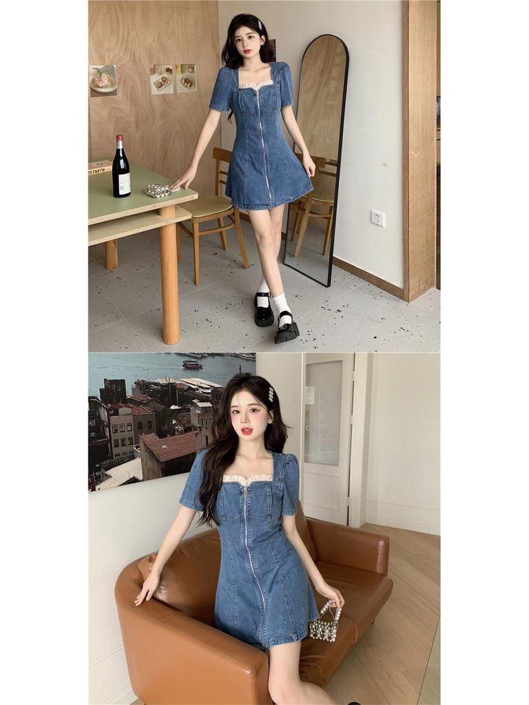2025 Summer Women's Lace Denim Short Dress - Age-Reducing Design, Slimming Tummy Control, Thin Style