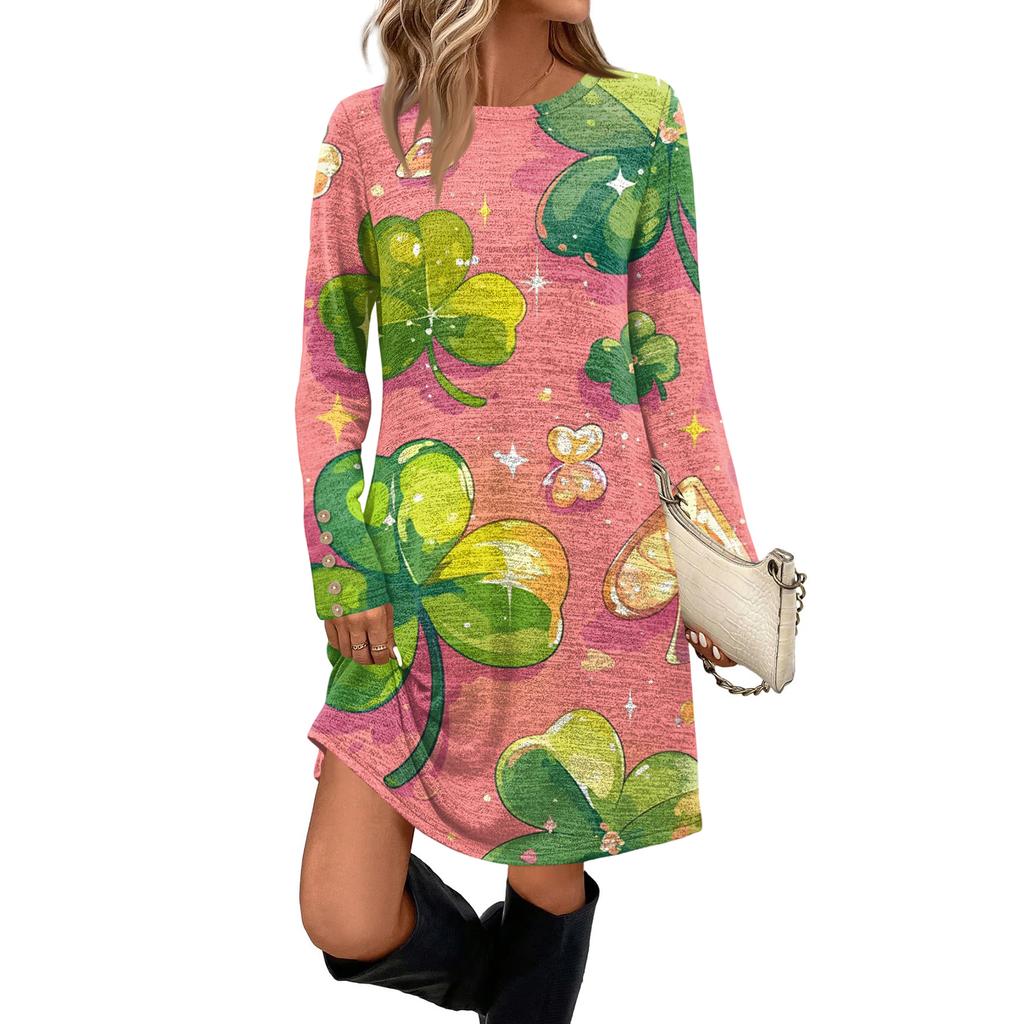 Women's Fashionable Round Neck Long Sleeved St. Patrick's Day Printed Pocket Button Casual Dress