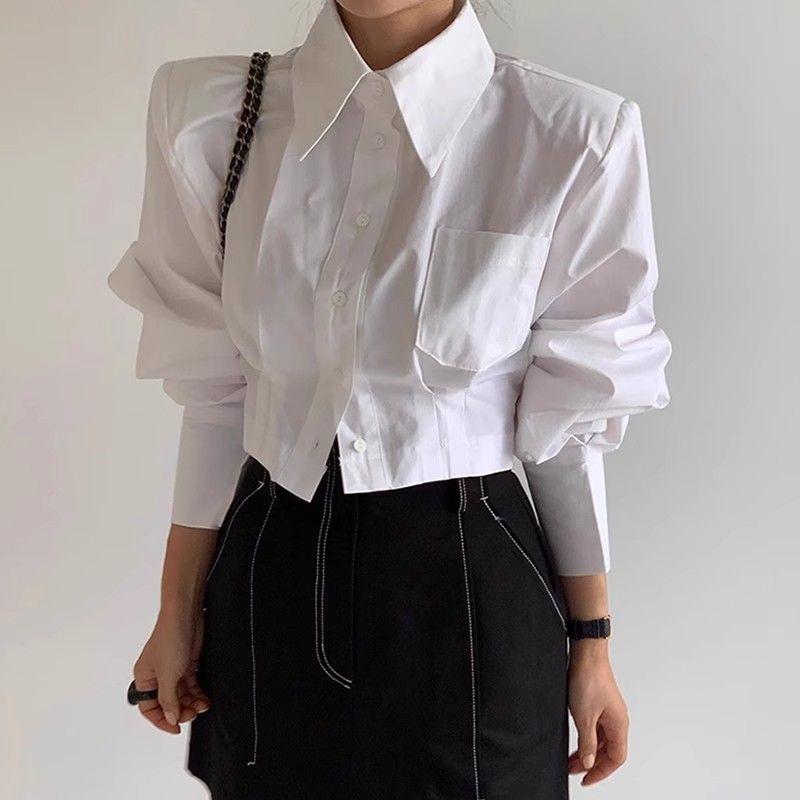 Primavera Otoño Nueva Moda Cuello Vuelto Manga Larga Blusas Sólidas Camisas Caladas para Mujer Tendencia Coreana