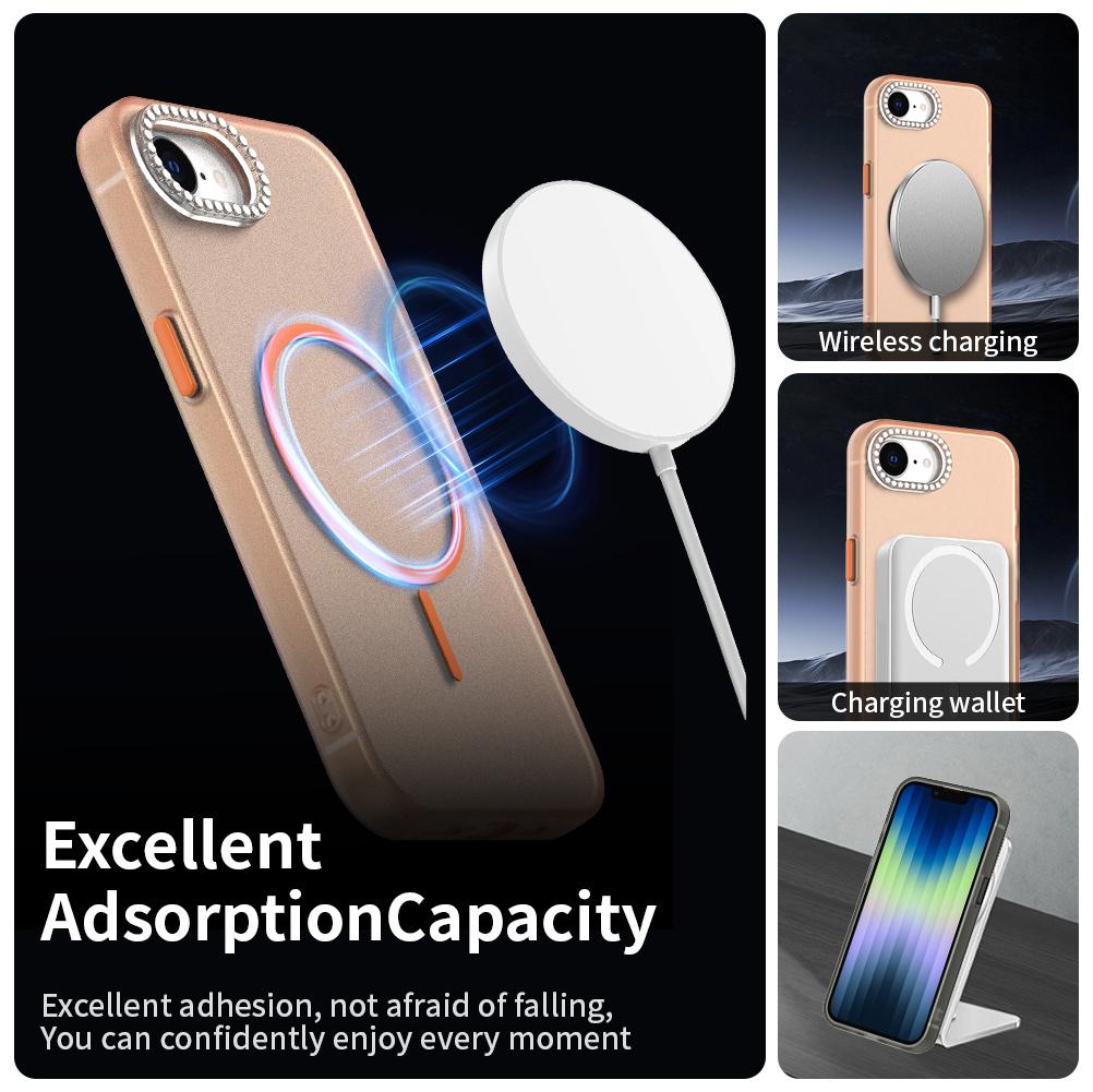 For iPhone 16e Case Compatible with MagSafe TPU+PC+PET Phone Cover Rhinestone Decor Lens Frame