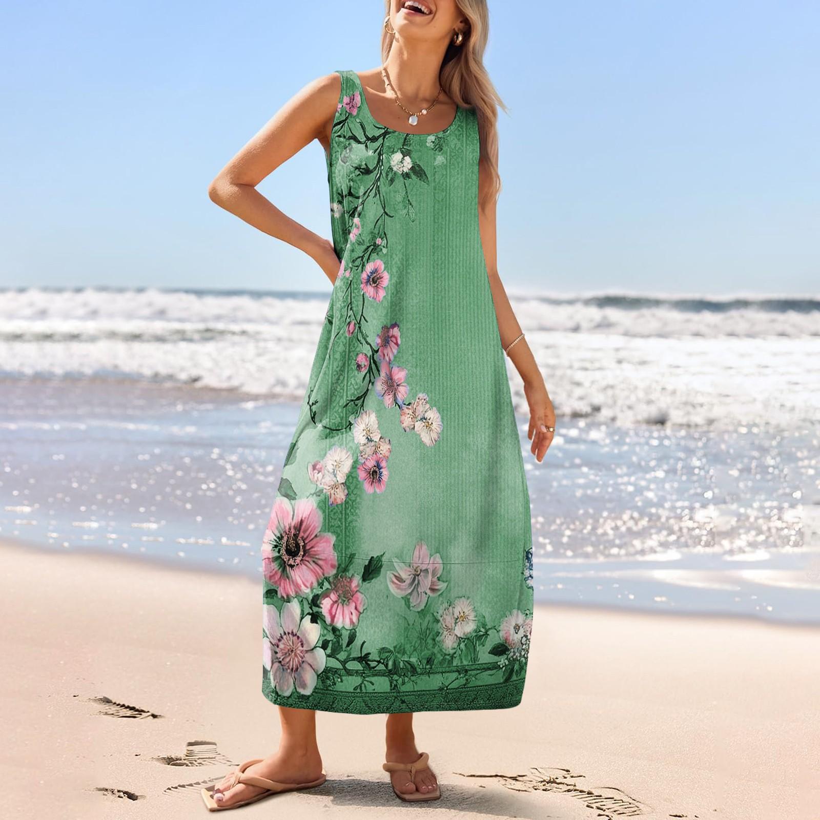 

Женский повседневный длинный сарафан, летнее пляжное платье, круглый вырез, без рукавов, свободный сарафан M зелёный