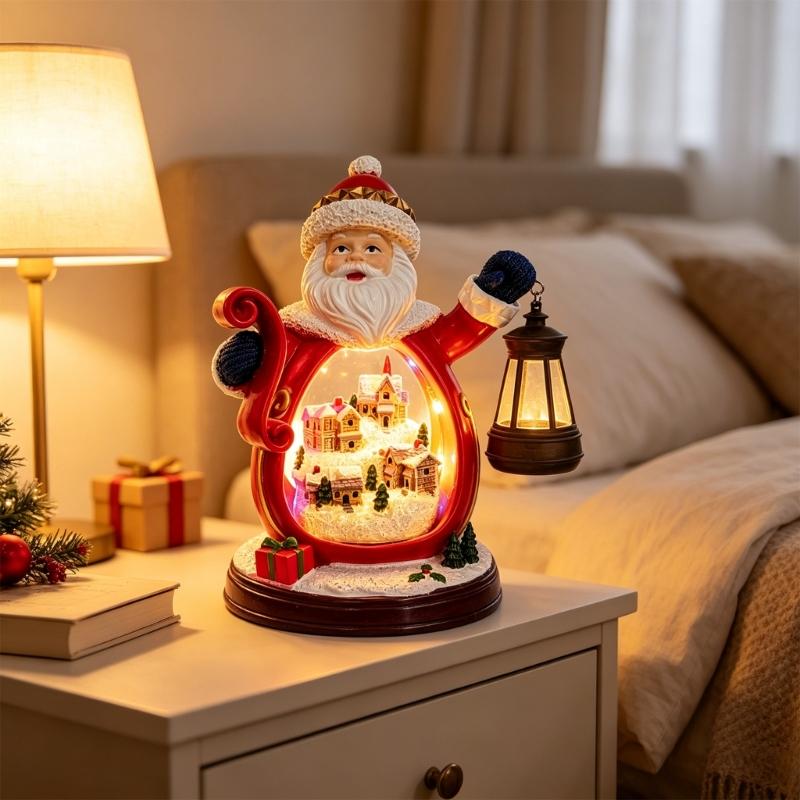 Hars Santa Lantaarn Beeldje met Warm Licht, Kerstdecoratie met Open Voorkant met Kleurrijk LED Verlicht Dorp Decoratie voor Tafelblad Plank Display