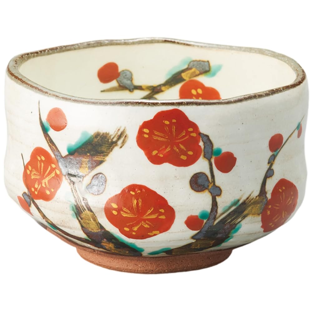 

Ale-net Matcha Bowl, 12.6 x 8.2cm, Hand-painted Red Plum Blossom Design, Perfect for Tea Ceremony, Mino Ware, Made in Japan