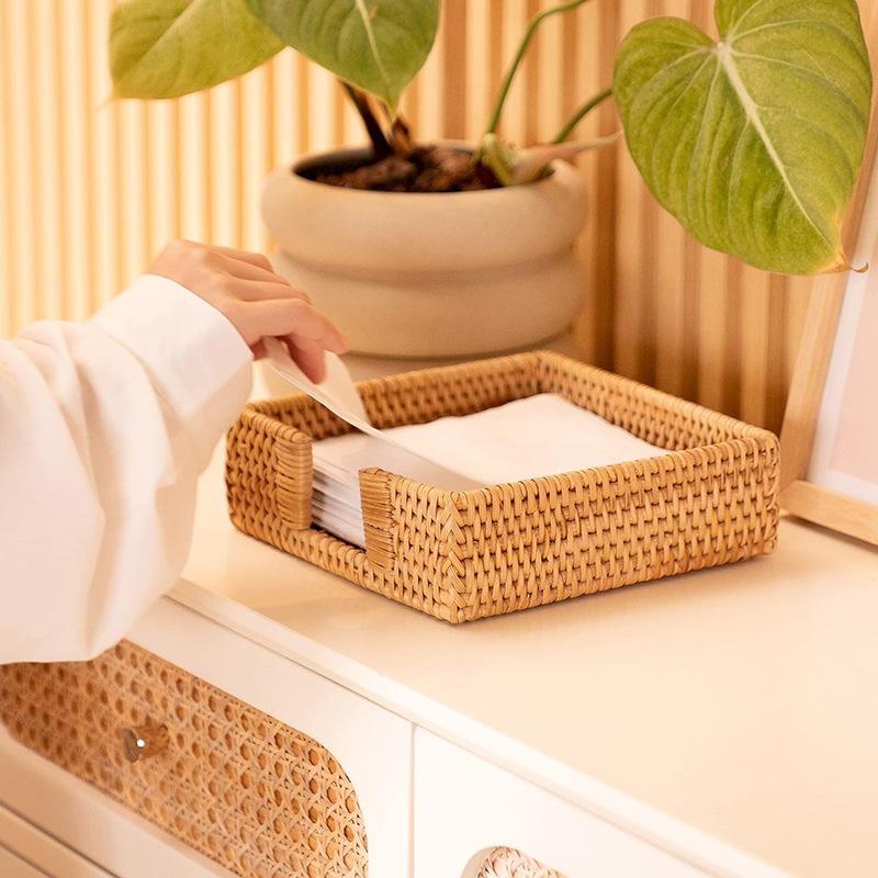 Tissue Box Holder Handwoven Storage Basket Rustic Country Style Natural Straw Weaving for Home Kitchen Dining Table Organizer