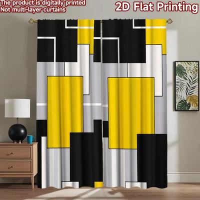 2D Flat Printing 2pcs Curtain Window Drapes Yellow and Black Blocks Digital Printed Polyester Drapes Family Party for Bedroom