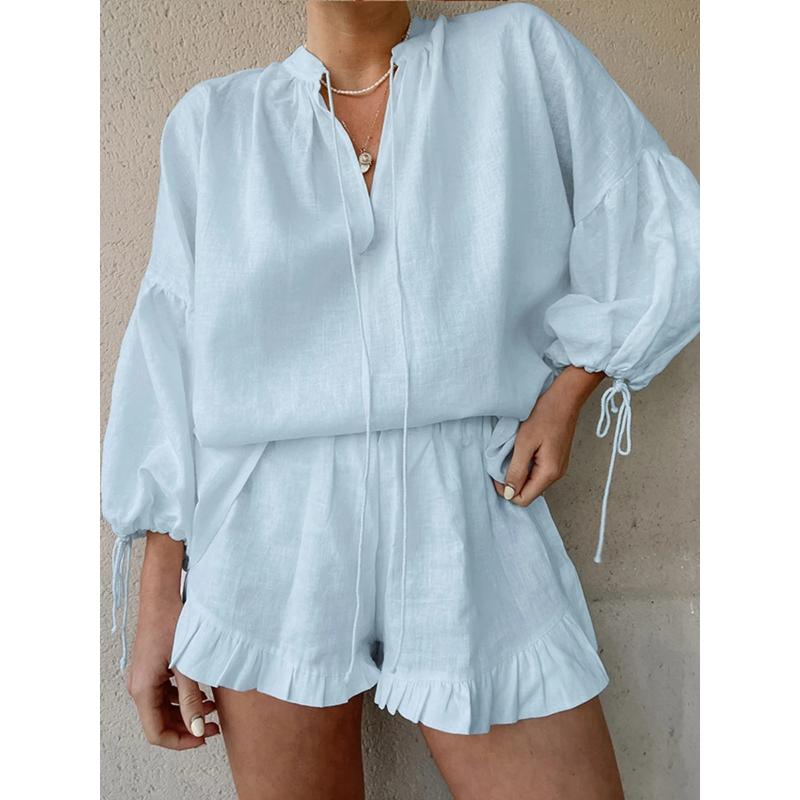 Casual Solid Color Slim Fit Two-piece Set Drawstring Long Sleeve Top & Ruffle Hem Elastic Waist Shorts Outfits