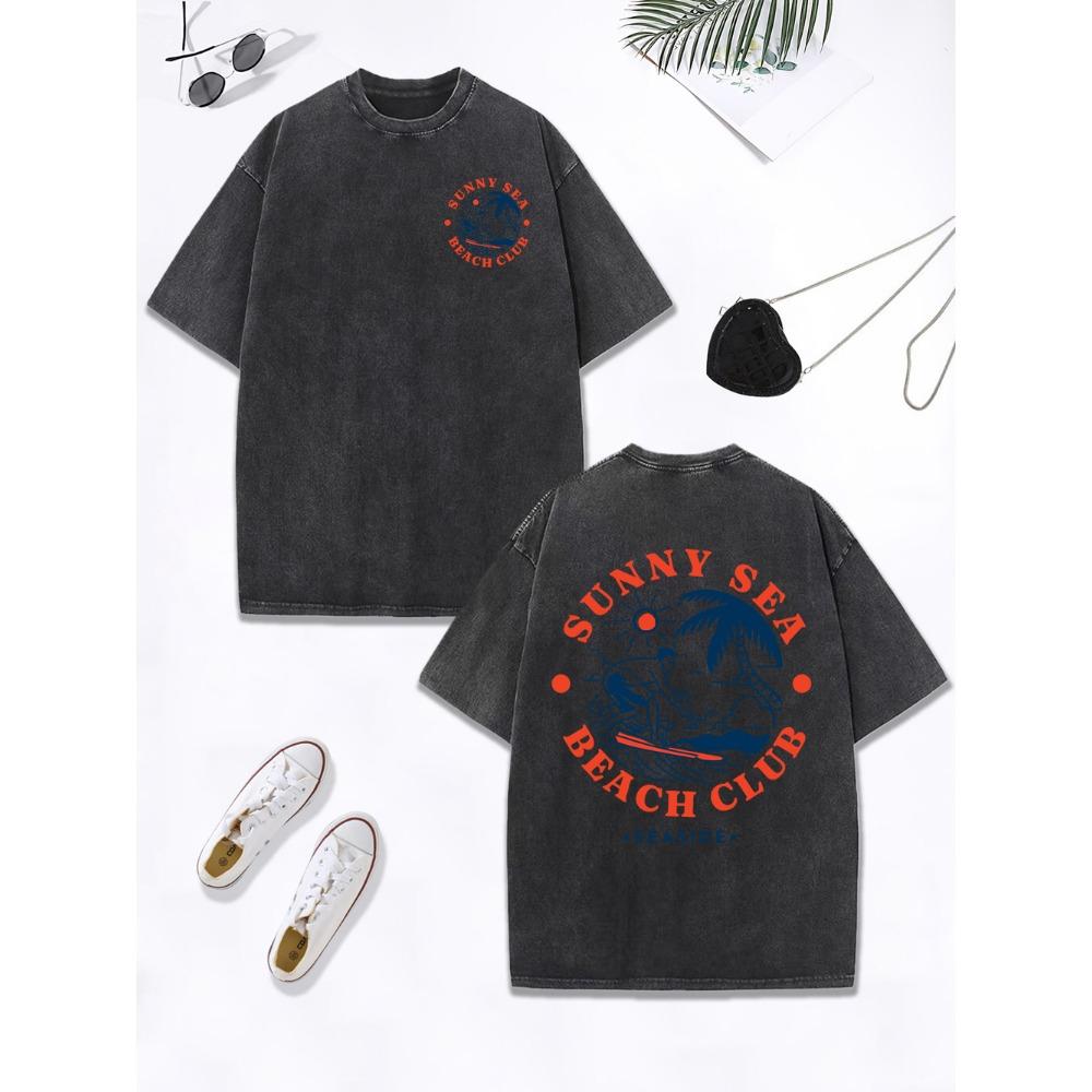 Sunny Sea Beach Club Surf Prints Washed T-Shirt Women Cotton Oversize T Shirt Comfortable O-Neck Distressed Tops Clothes