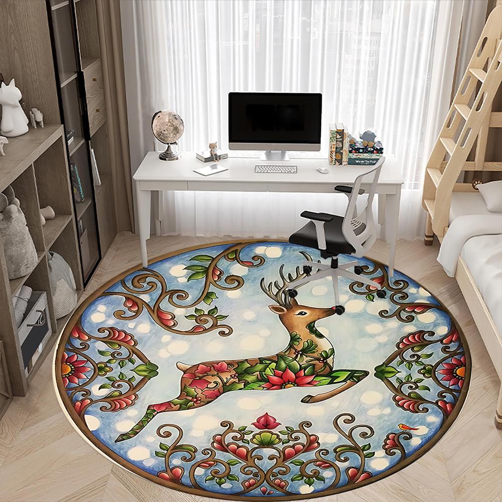 1pc Winter Deer Office Round Area Rug, Under Office Chairs Bedroom Living Room Home Decor, Room Deco