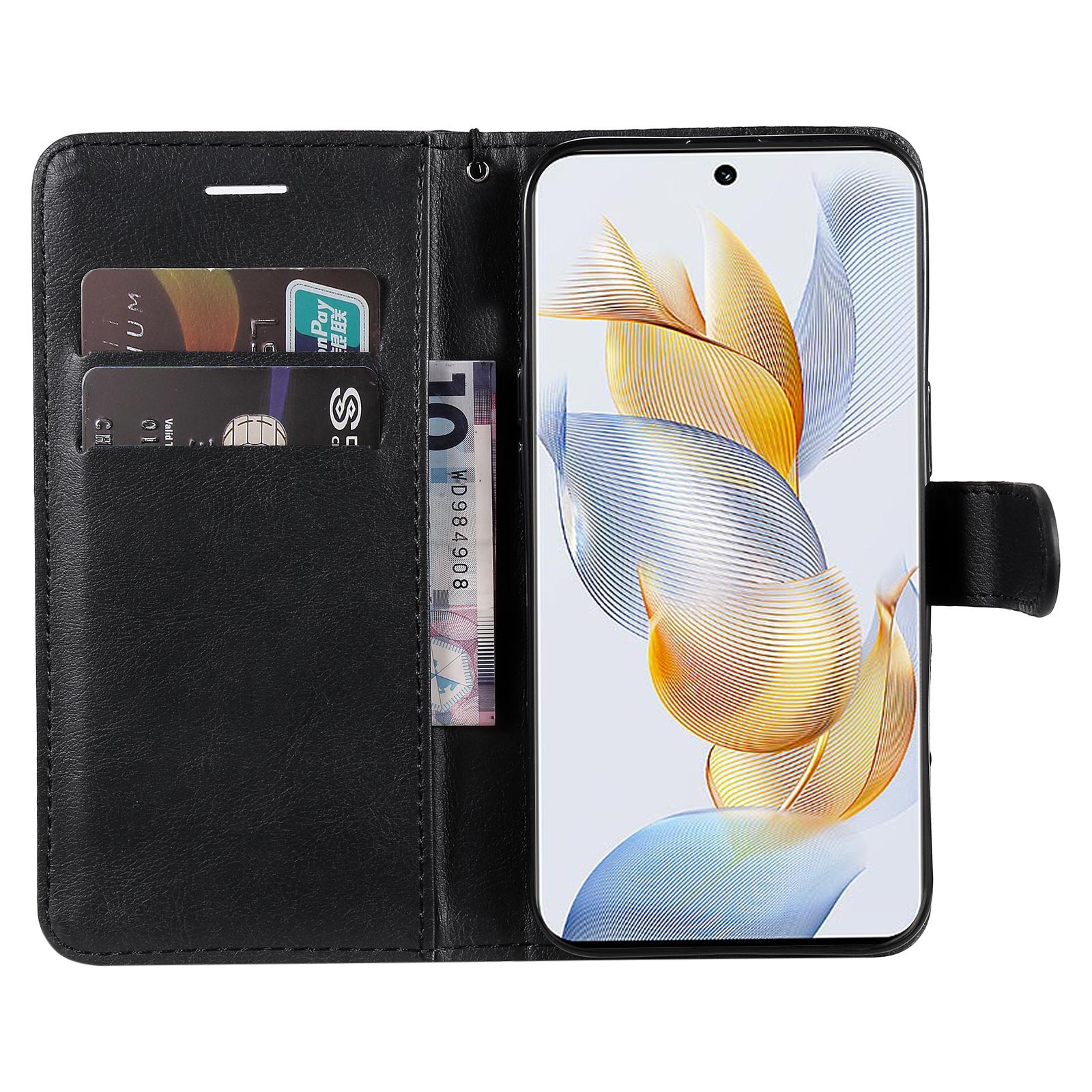 

For Honor 90 Case Solid Color Leather Mobile Cover Wallet Stand with Strap Black