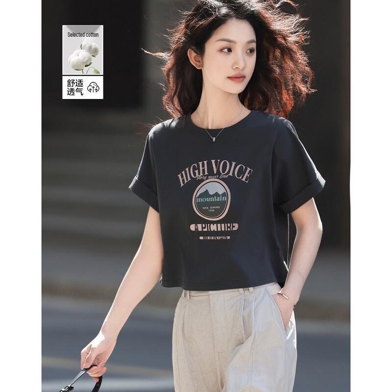 Demana Women s Korean Style Color-block Print Round Neck T-shirt L