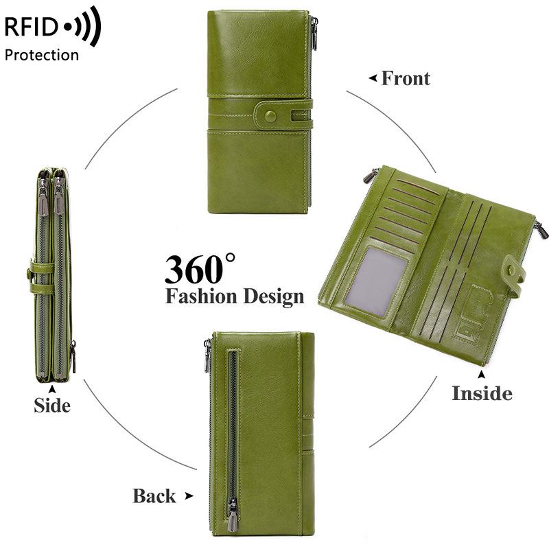 Women's Wallet Oil Wax Leather Double Zipper Long Wallet New Retro Clutch Bag