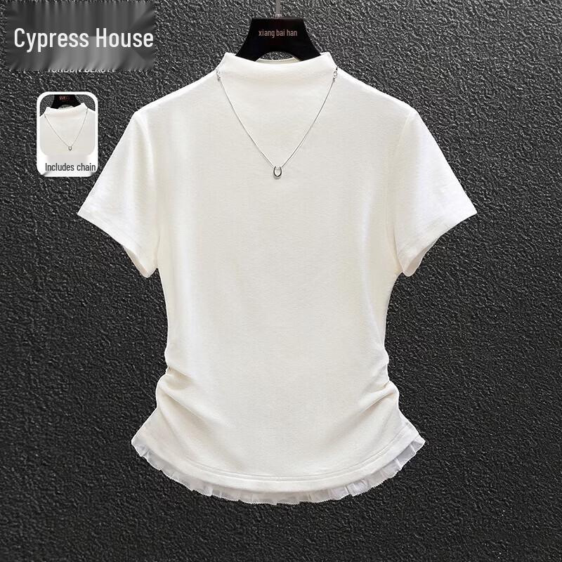 Women s Slim Fit Pleated Semi-High Collar Short Sleeve T-Shirt S
