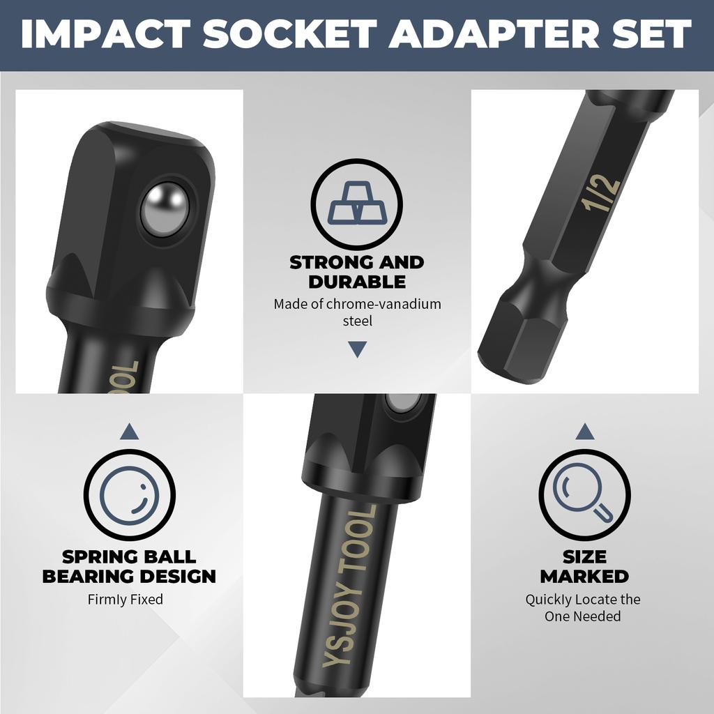 9Pcs Hex Shank Drill Socket Adapter Set Multipurpose 1/4" 3/8" 1/2" Square Socket Drill Bits Extension Rod for Impact Driver