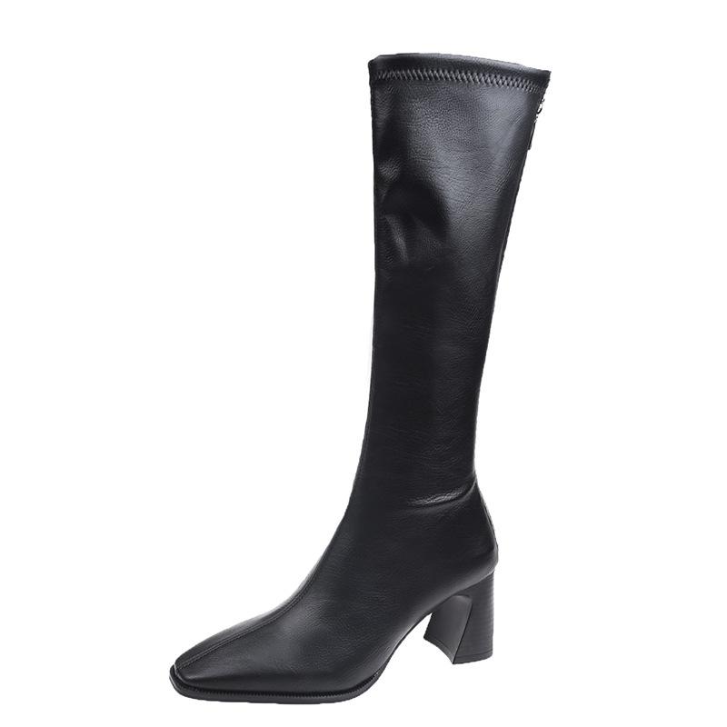 Autumn and winter new sexy square head elastic thin boots temperament high heel short boots women patent leather knight boots women