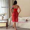European & American Sexy Women's Spaghetti Strap Lace Mesh Heart Slit Long Dress Lingerie Set