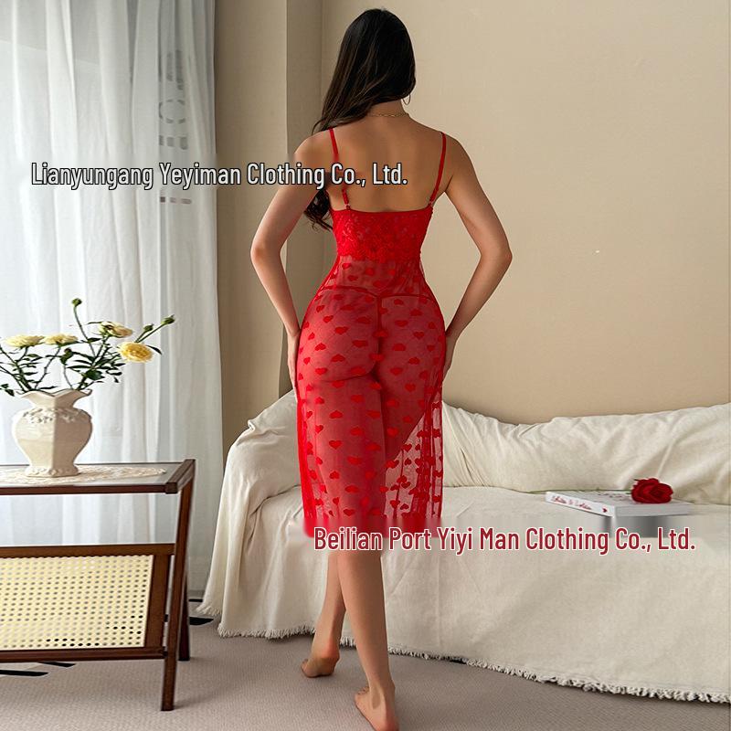European & American Sexy Women's Spaghetti Strap Lace Mesh Heart Slit Long Dress Lingerie Set