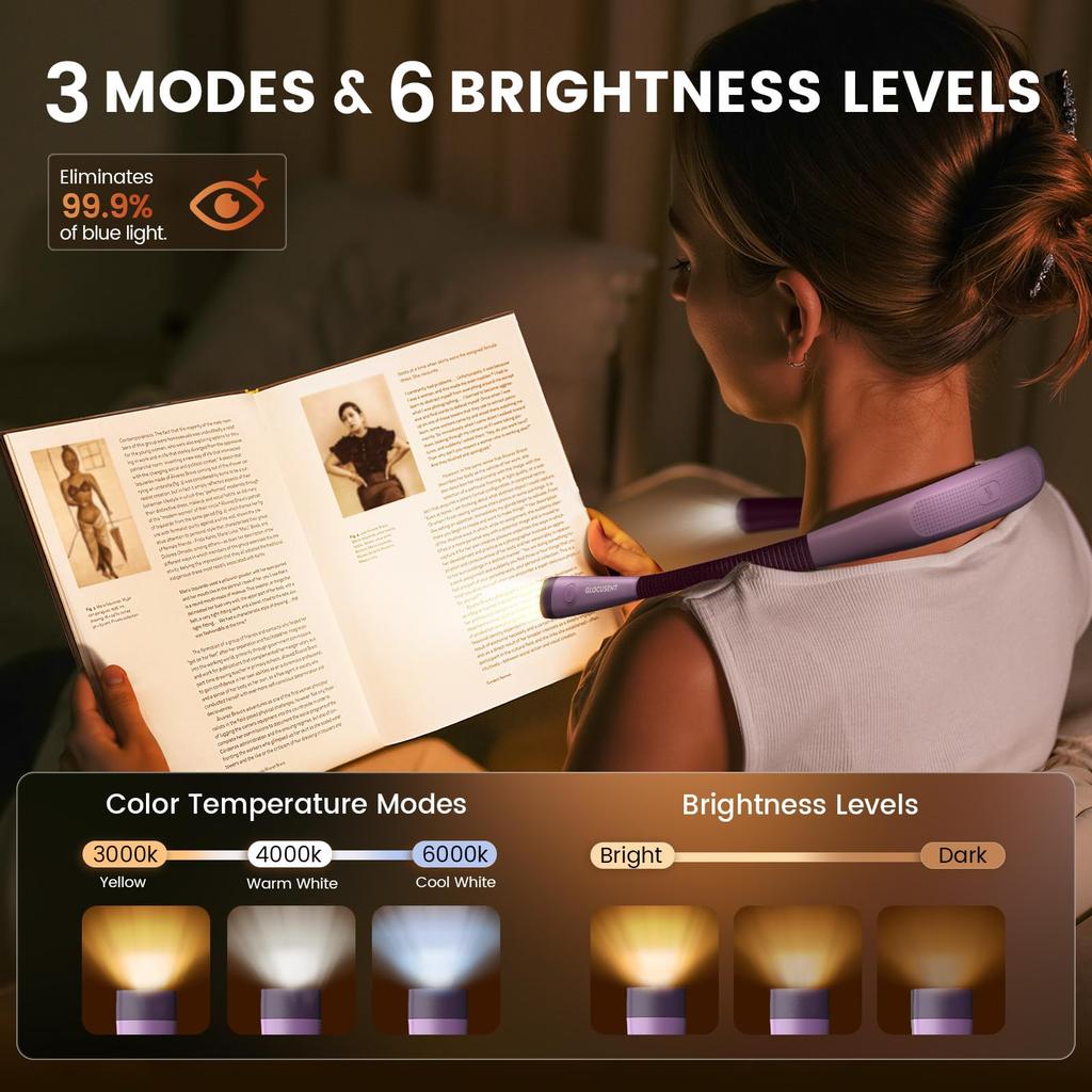 Glocusent LED Neck Light, Rechargeable Hands-Free Book Light for Bed Reading, 3 Color Modes Including Amber, Dimmable, for Knitting, Travel, Repair