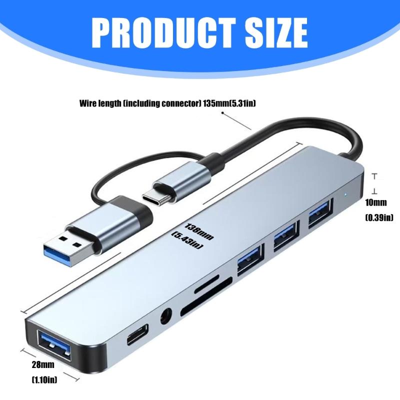 8-IN-2 USB C+USB3.0 Hub 8 Port USB Splitter Extended 3xUSB2.0+1xUSB3.0+1xType C Card Reader Adapter for PC Keyboards