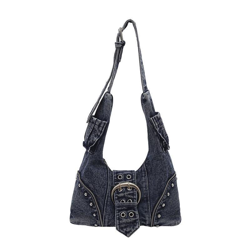 Denim Crossbody-Tasche mit Nieten, ein Schultergurt - Vielseitig, Mehrere Taschen, Große Kapazität Handtasche