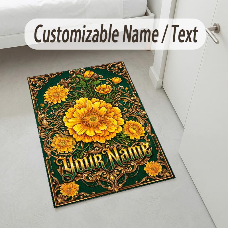 Golden Floral Elegance Theme Soft Crystal Velvet Rug Custom Name & Text Print Non Slip Floor Rug for Bedroom Living Room